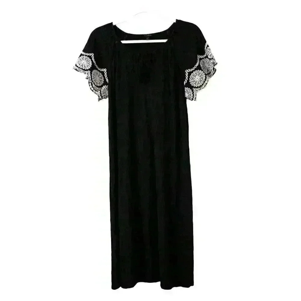 Talbots Midi Dress Size Small Black Cotton Embroidered Scalloped Hem Lightweight